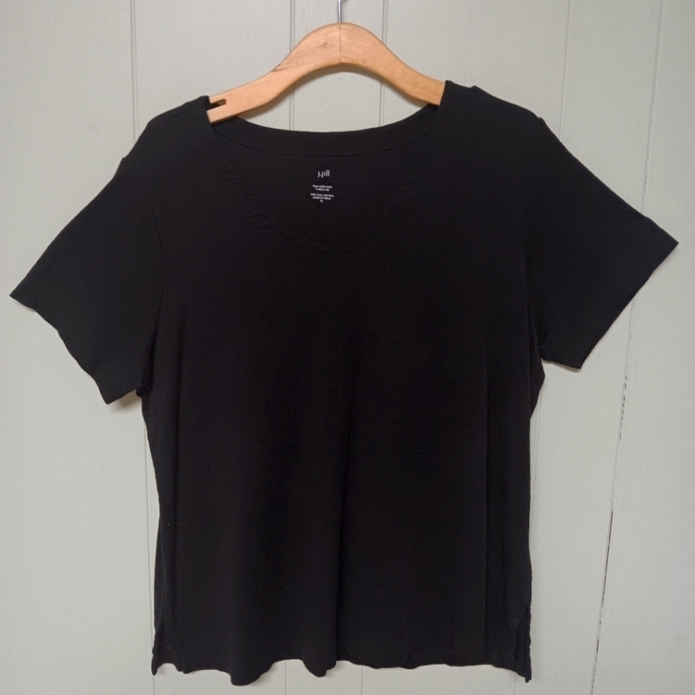 J.JILL WOMENS PIMA SLUB KNIT V NECK TEE WOMENS SZ XL BLACK SHORT SLEEVE